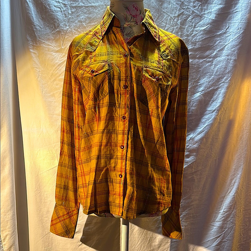 Cruel Girl Mustard Plaid Rhinestone Accents Snap Western Shirt